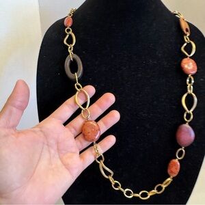 Vintage ETIENNE AIGNER Gold Tone Chain w/Red Bead & Wood Beads NECKLACE Jewelry